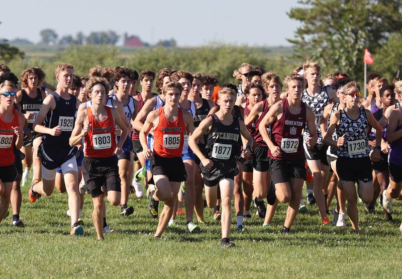The boys race gets underway Tuesday, Aug. 30, 2022, during the Sycamore Cross Country Invitational at Kishwaukee College in Malta.