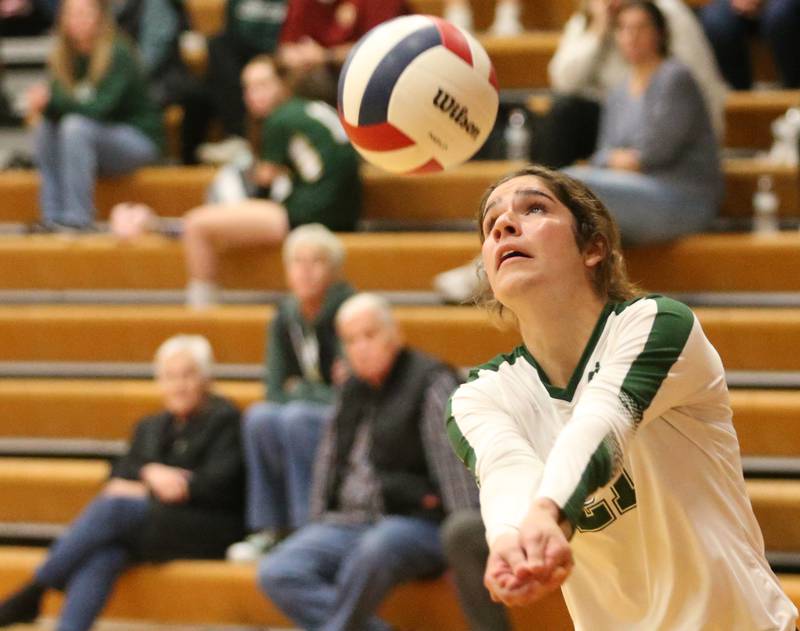 St. Bede libero Lily Bosnich returns a serve from Henry-Senachwine on Tuesday, Oct. 21, 2025 at Henry-Senachwine High School.