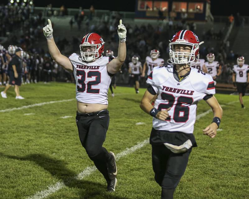 Yorkville celebrates their win over Oswego in their football game Friday, Sept 26, 2025 in Oswego.