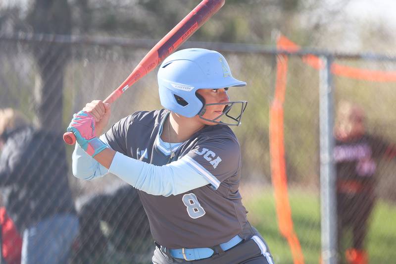 Joliet Catholic’s Addy Rizzatto locks in on a pitch against Minooka on Tuesday, April 7, 2026 in Minooka.