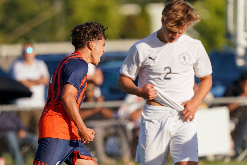 Oswego’s Victor Rios-Cifuentes (6) reacts after scoring a goal against Oswego East during a soccer match at Oswego High School on Tuesday, Oct. 1, 2024.