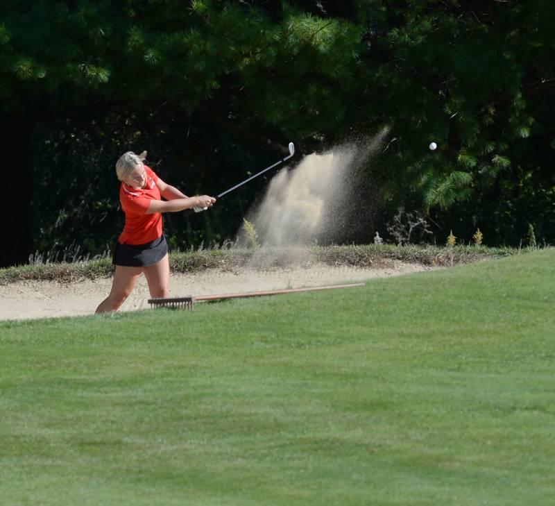 Stillman Valley's Amelia Dunseth hits out of a sand trap at the 1A regional at Wolf Hollow Golf Course in Lena on Tuesday, Oct. 1, 2024.