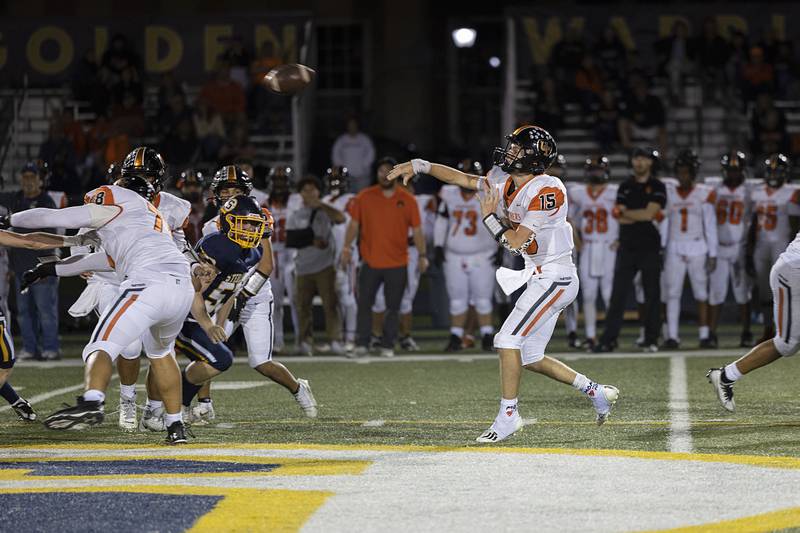 United Township’s Matthew Kelley fires a pass in the first half against Sterling Friday, Oct. 21, 2022.