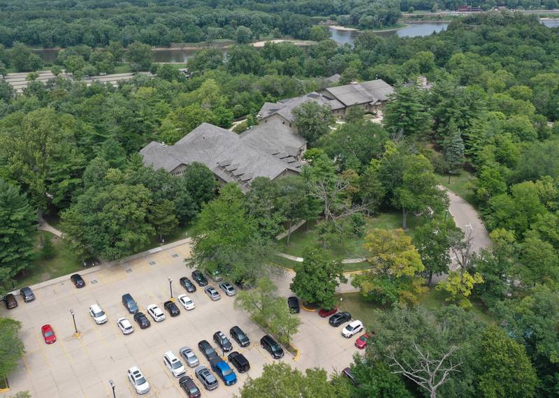 An aerial view of the parking lot at Starved Rock Lodge on Thursday, July 24, 2025 at Starved Rock State Park.
