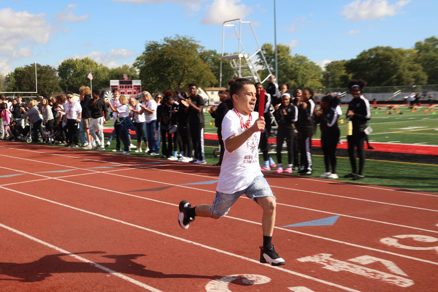 Kankakee's Andrik Ketcham sprints to the finish line to secure second place for the Kays in a relay race during the annual Boilermaker Games, hosted by the Best Buddies club on Wednesday, Oct. 8, 2025.
