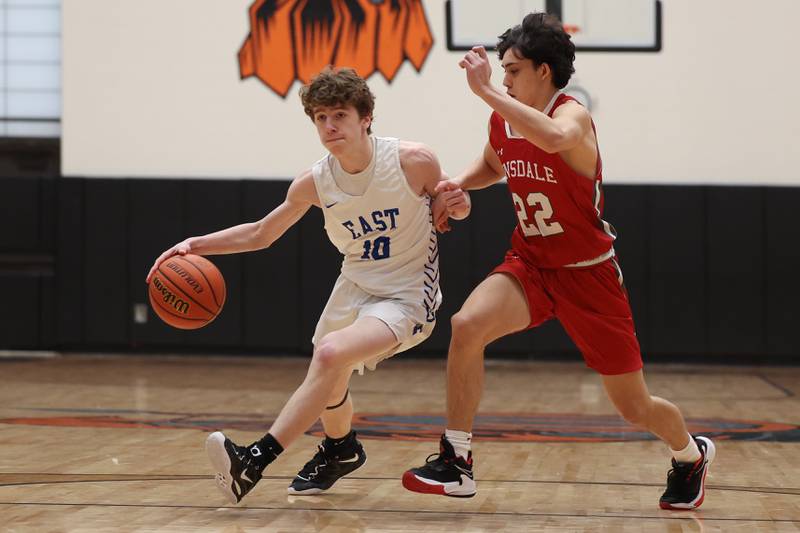 Lincoln-Way East’s Matt Hudik makes a move to the basket against Hinsdale Central in the Lincoln-Way West Warrior Showdown on Saturday January 28th, 2023.