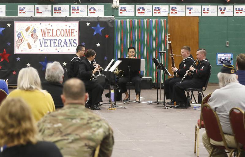 The Navy Band Great Lakes performs the “America the Beautiful” during the Veterans Day ceremony Wednesday, Nov.8, 2023, at Alden-Hebron High School in Hebron.