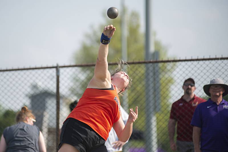 Sandwich's Claire Allen throws the shot at the 2A track sectionals in Geneseo on Wednesday, May 11, 2022. Allen qualified for state.