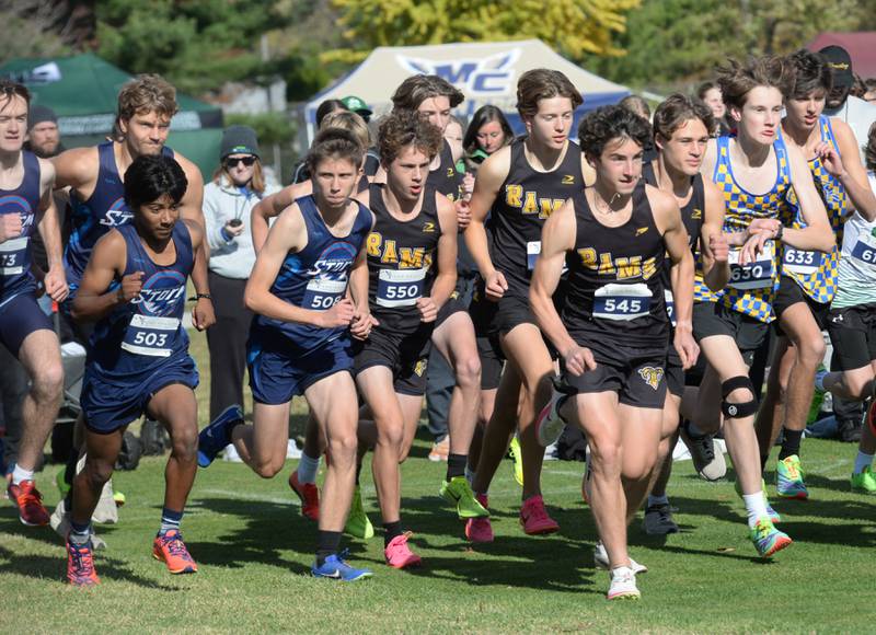 Bureau Valley and Riverdale runners start the boys race at the 1A Rock Island Cross Country Sectional on Saturday, Nov. 2, 2024 at Saukie Golf Course in Rock Island.