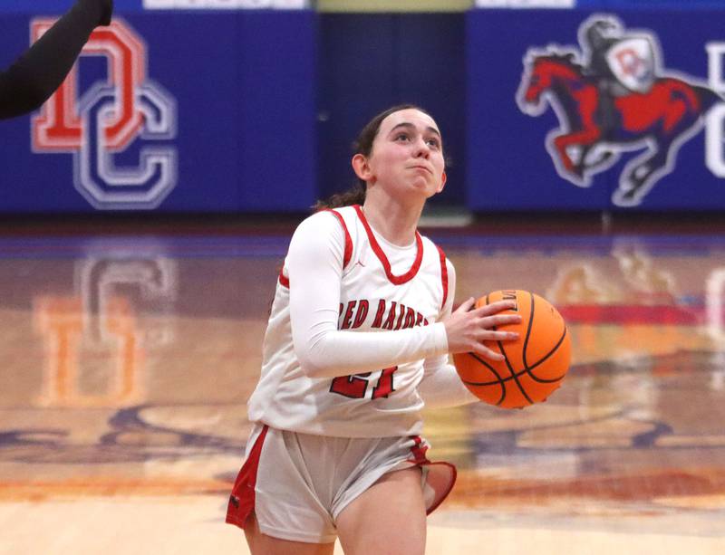 Huntley’s Luca Garlin heads for the hoop against Mundelein in varsity girls basketball Komaromy Classic tournament  action on Tuesday, Dec. 30, 2025, at Dundee-Crown High School in Carpentersville.