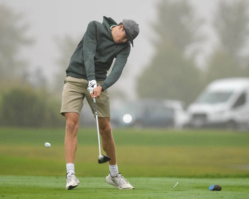 York's golfer Brendan Carroll tees off during the West Suburban golf match on Tuesday Sept. 24, 2024, held at Prairie Bluff Golf Course in Crest Hill.
