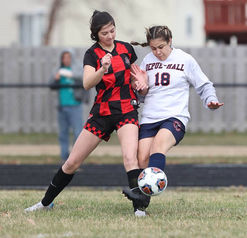 DePue's Emily Vera tries to kick the ball away from Indian Creek's Emma Wilson during their game Tuesday, April 5, 2022, at Indian Creek Middle School in Waterman.