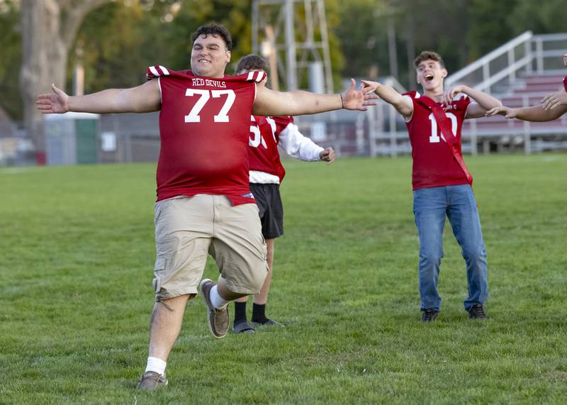 Conner Keeling competes with the rest of the senior guys in a dance competition against the senior girls during the pep rally at Richard Nesti Stadium on September 26, 2024.