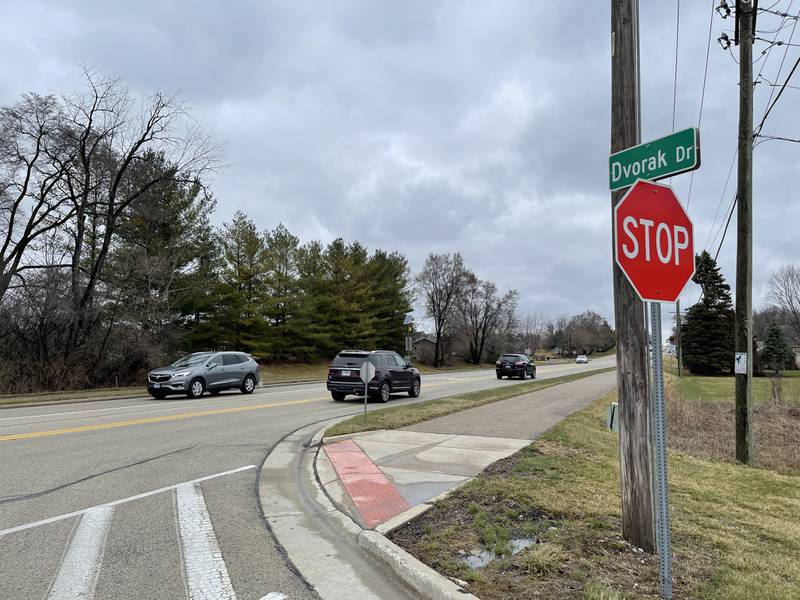 The intersection of Dvorak Drive and Walkup Road outside Prairie Ridge High School in Crystal Lake, pictured Thursday, March 31, 2022, is within a high crash site, with several officials and parents saying there should be a stoplight placed at the spot.