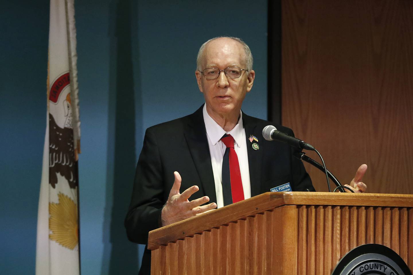 Democratic U.S. Rep. Bill Foster answers a question during a town hall on Wednesday, April 16, 2025, at McHenry County College's Luecht Auditorium in Crystal Lake.