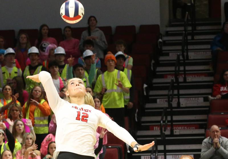 Benet Academy's Lynney Tarnow sends the ball to the Huntley side of the net during the Class 4A State semifinal game on Friday, Nov. 15, 2024 at CEFCU Arena in Normal.