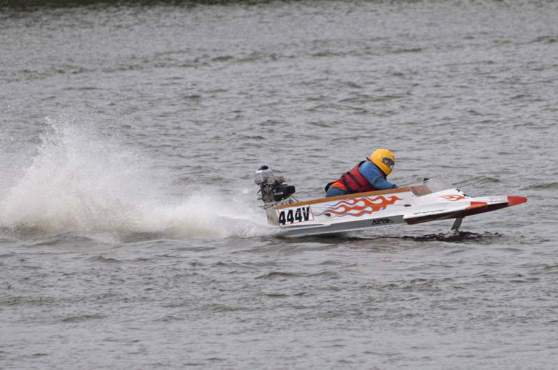 Terry Hicks of Rock Falls hits the throttle Saturday, August 6, 2022 during a heat in the Rock Falls River Chase held at Sewards Park. Hicks has organized the boat race for the last 12 years.