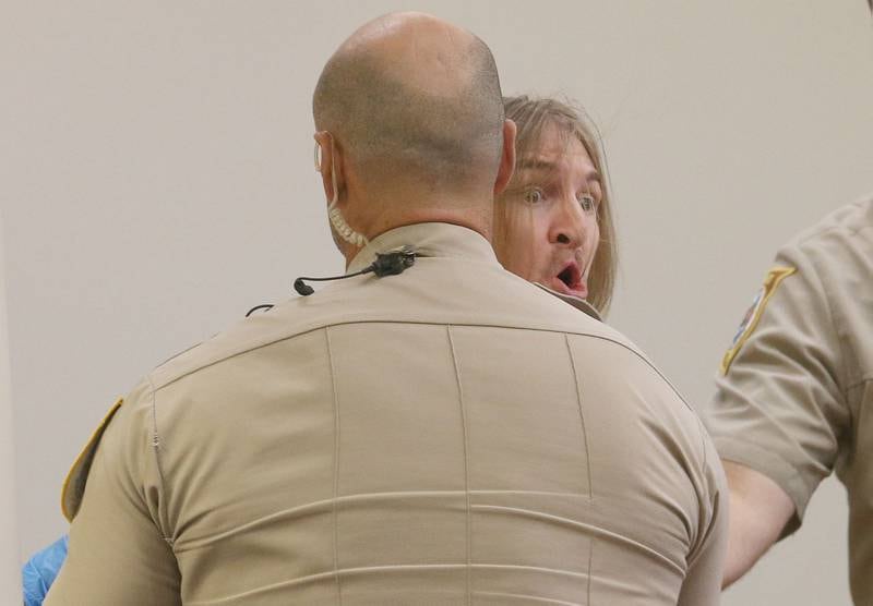 Logan Petre of Marseilles was repeatedly removed from a La Salle County courtroom Friday, Sept. 5, 2025. Petre first was ousted after loudly protesting corrections officers placing him in manacles, necessary after a pair of assaults on jail staff. He was removed a third time after a judge found him guilty of murdering his father, Leo Petre. Logan faces a minimum 20 years.