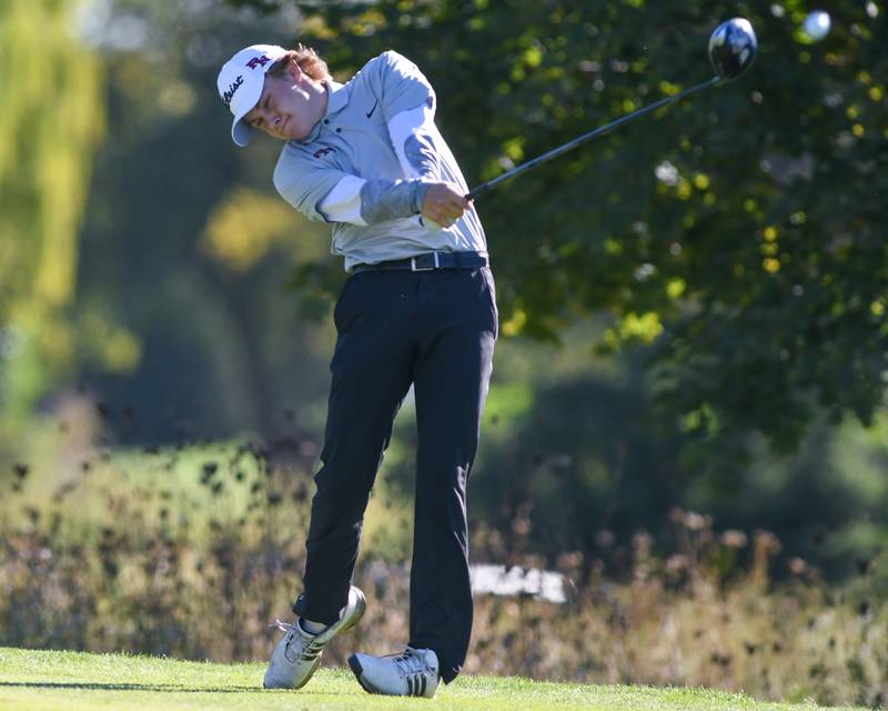 Plainfield North's Casey Sanborn tees off on Monday Oct. 7, 2024, during the 3A sectional match held at Blackberry Oaks Golf Course in Bristol.