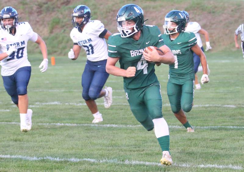 St. Bede's AJ Hermes runs in for a touchdown after intercepting a pass against Bureau Valley on Friday Aug. 29, 2025 at St. Bede Academy.