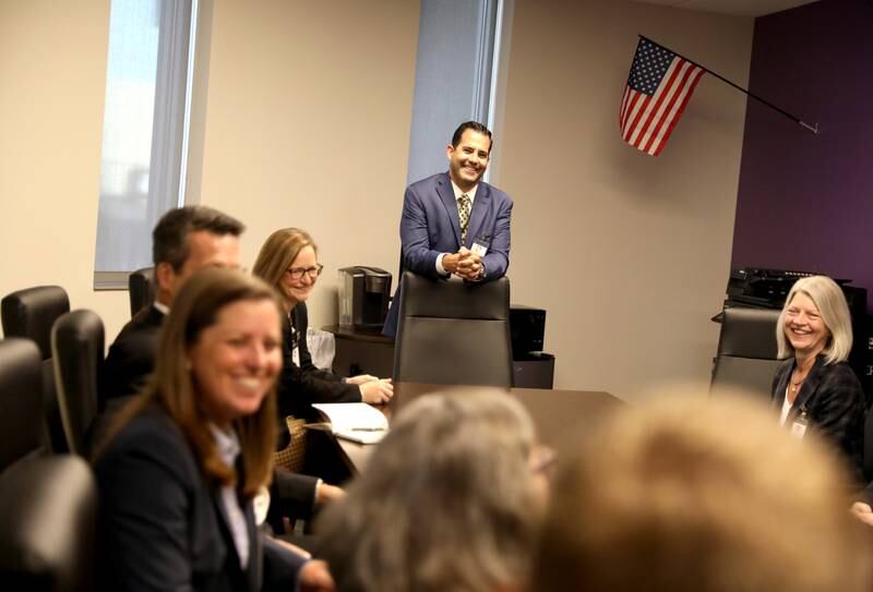 Cicero District 99 Superintendent Dr. Aldo Calderin addresses district officials along with representatives from Project Lead the Way and engineering and architecture firm Burns and McDonnell. The district was recently awarded with a $260,000 grant to expand its STEAM education with Project Lead The Way, courtesy of a grant from Burns & McDonnell.