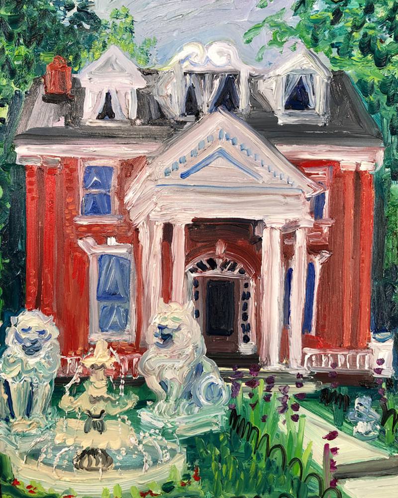 "House with Stone Lions" is one of featured artist Rebecca Kautz's pieces.