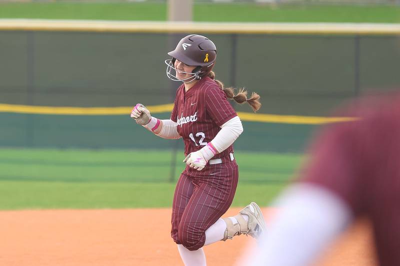 Lockport’s Olivia Picciola rounds second on a solo home run against Lincoln-Way West in the WJOL Softball Tournament championship game on Thursday, April 2, 2026 in Joliet.