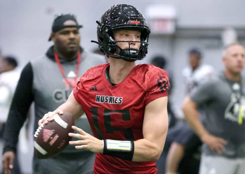 Northern Illinois University quarterback Josh Holst looks for a receiver Wednesday, July 31, 2024, during practice in the Chessick Practice Center at NIU.