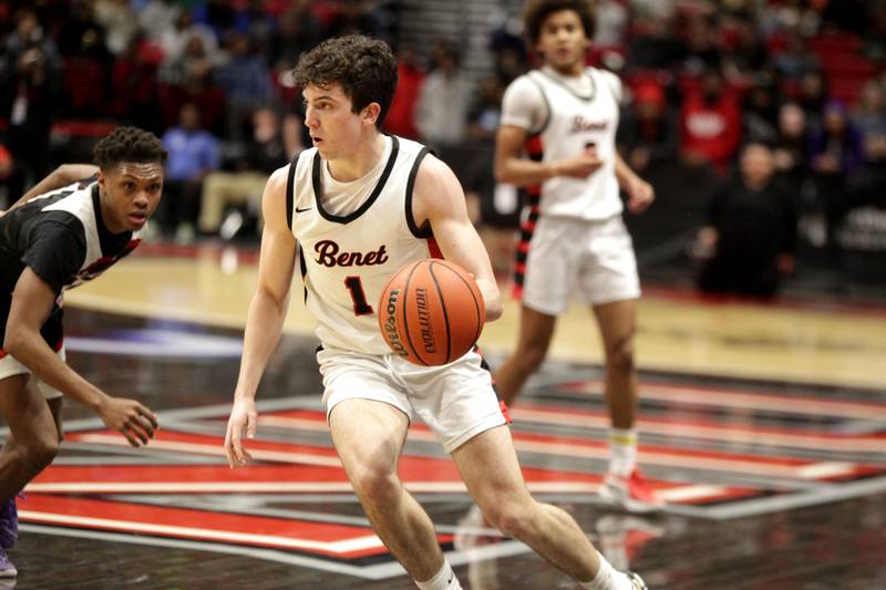 Benet’s Sam Driscoll drives toward the basket during the Class 4A NIU Supersectional against Rockford Auburn in DeKalb on Monday, March 6, 2023.