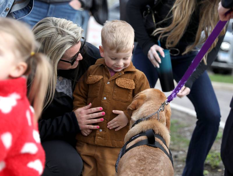 Kelly Tragas and her son, Wesley, 3, meet River, the Batavia Police Department’s new 11-month-old comfort dog, before the dog was sworn in on Monday, April 21, 2025 during a Batavia City Council meeting.