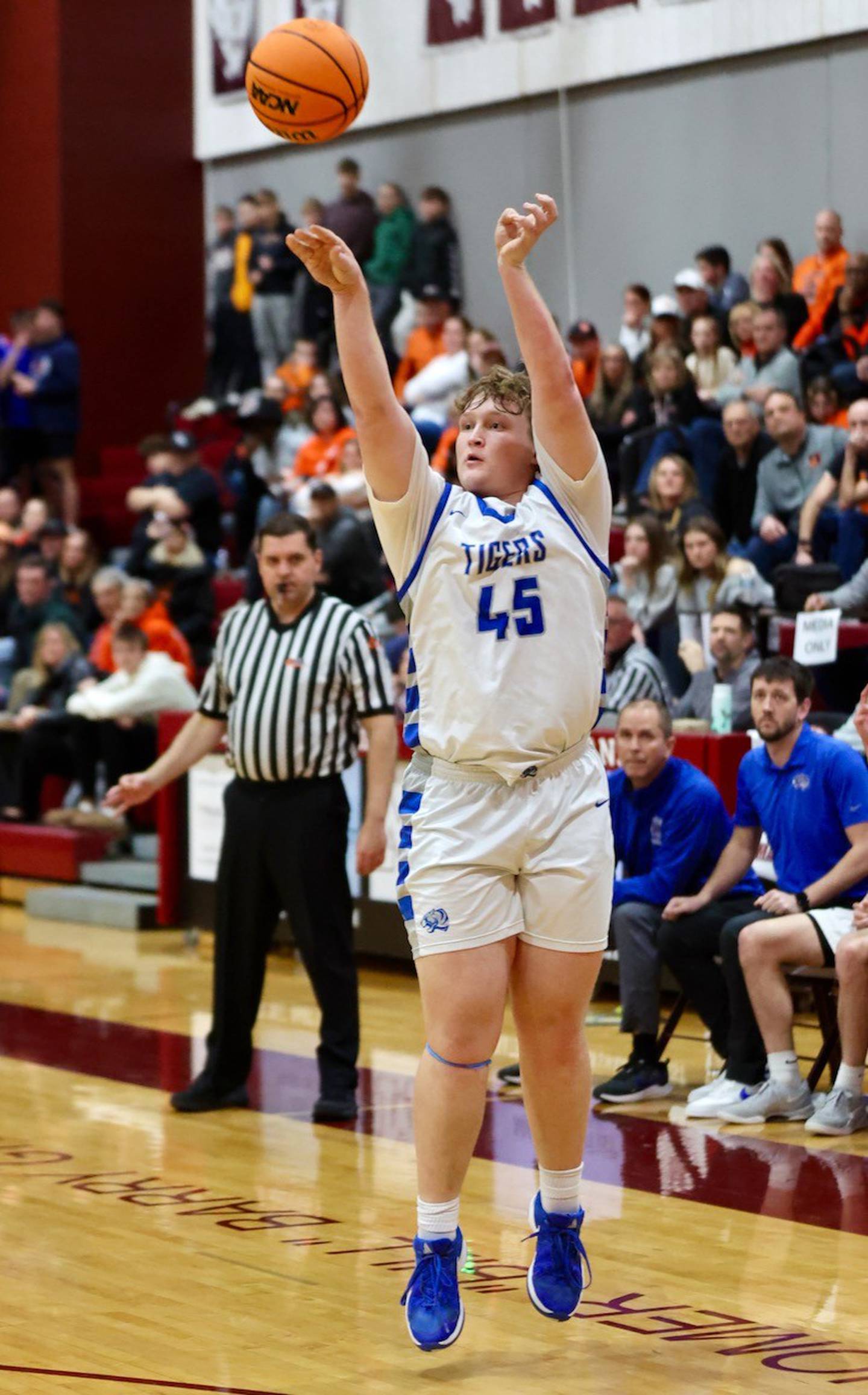 Princeton's Luke Smith makes a key 3-pointer late in Wednesday's sectional semifinals at Marengo. Princeton won 46-42 to advance to Friday's championship against Rock Falls.