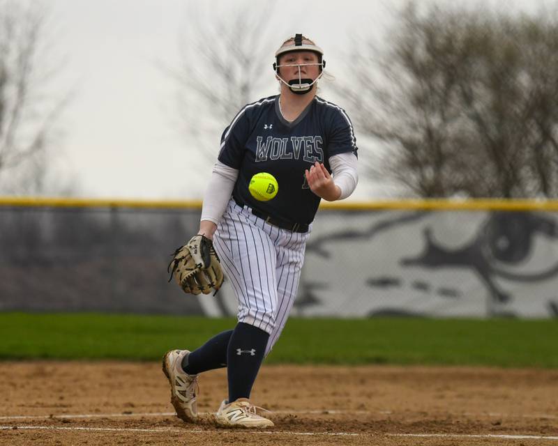 Oswego East’s pitcher Allie Gatz (19) pitches during the game on Thursday April 17, 2025, while taking on Plainfield North held at Oswego East High School.