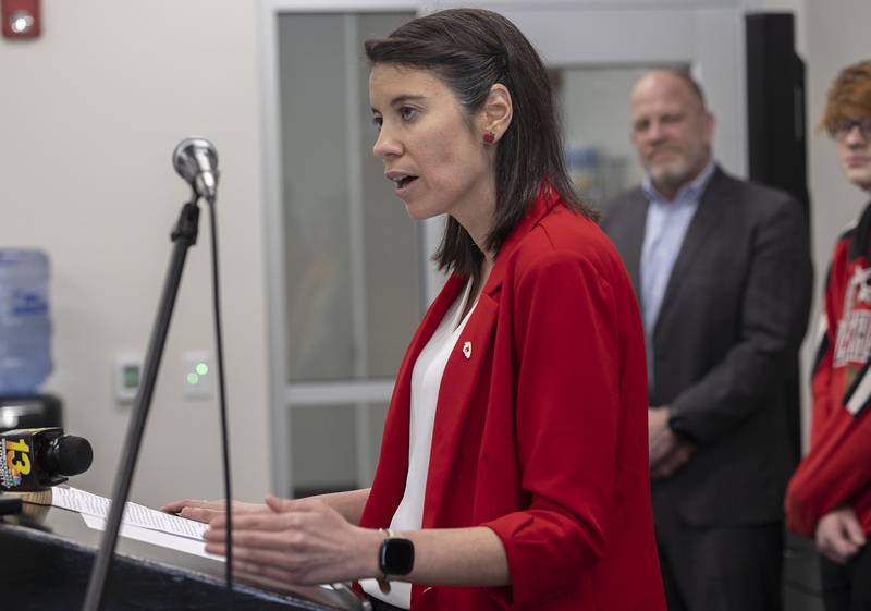 Oregon High School Spanish teacher Kimberly Radostits discusses her approach to teaching on Wednesday, Jan. 25, 2023, during an announcement that she is a finalists for National Teacher of the Year.