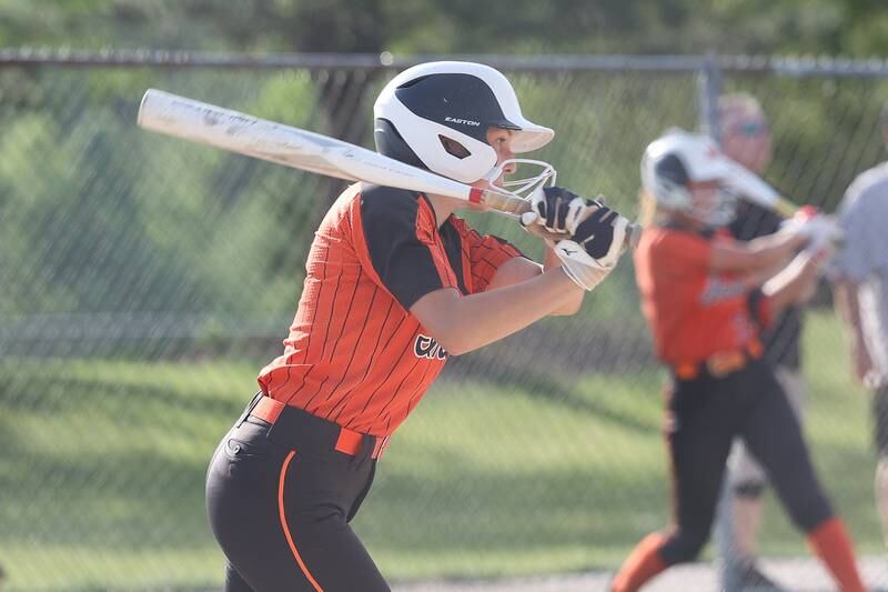 Minooka’s Payton Psinas ends the game in the 5th inning on a two run double against Normal in the Class 4A sectional semifinal on Tuesday, May 21, 2024 in Minooka.