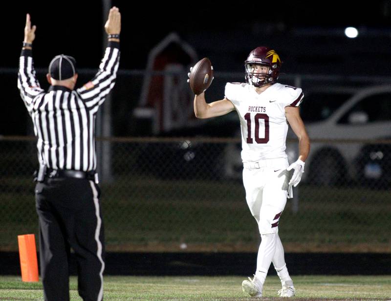 Richmond-Burton’s Max Loveall struts out of the end zone after a touchdown in varsity football at Rod Poppe Field in Marengo Thursday night.