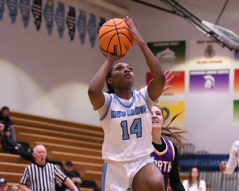 Downers Grove South's Ionna Griffin (14) makes a basket during the game on Saturday Dec. 21, 2024, while taking on Downers Gove North held at Downers Grove South High School.