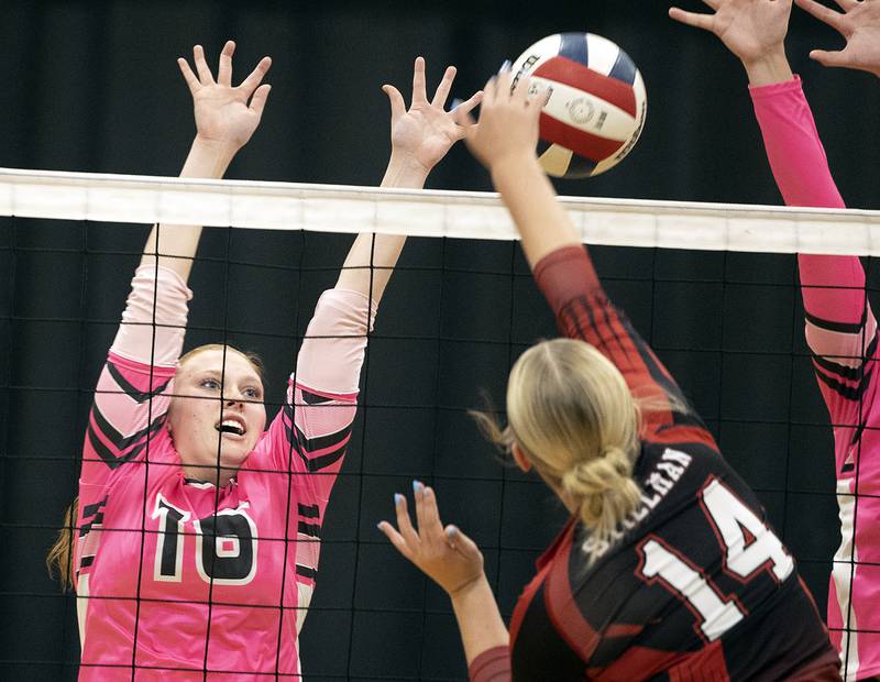 Rock Falls’ Taylor Segneri goes up for a block against Stillman Valley Tuesday, October 8, 2024 at Rock Falls High School.