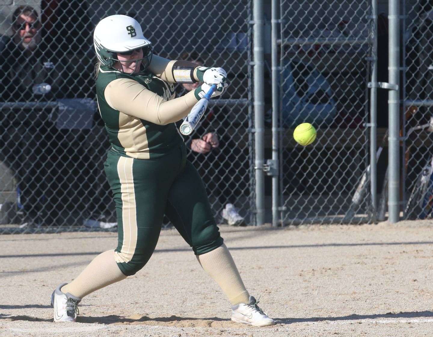 St. Bede's Macy Strauch smacks a hit against Woodland/Flanagan-Cornell on Tuesday, April 8, 2025 at Woodland High School.