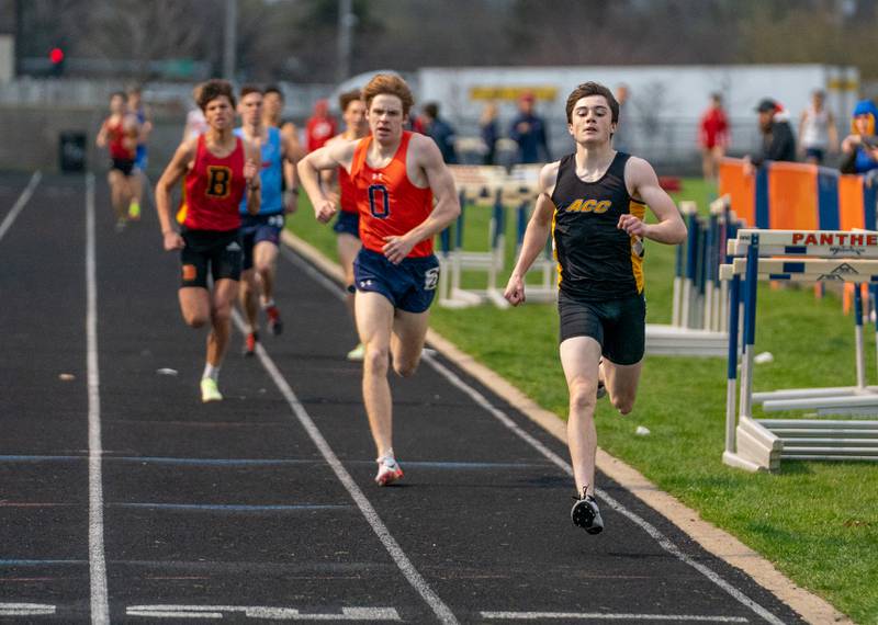 Aurora Central Catholic’s Patrick Hilby finishes first in the 800 meter run during the Roger Wilcox Track and Field Invitational at Oswego High School on Friday, April 29, 2022.