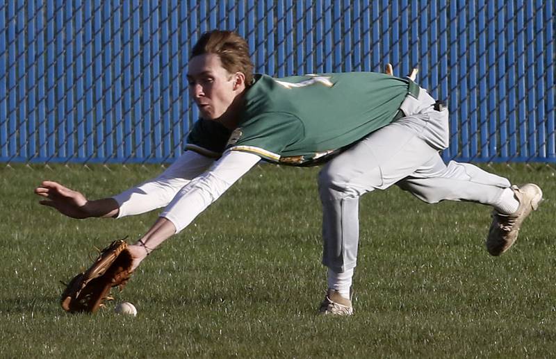 Crystal Lake South's James Carlson can’t come up with the catch during a Fox Valley Conference baseball game against Burlington Central on Friday, April 12, 2024, at Burlington Central High School.