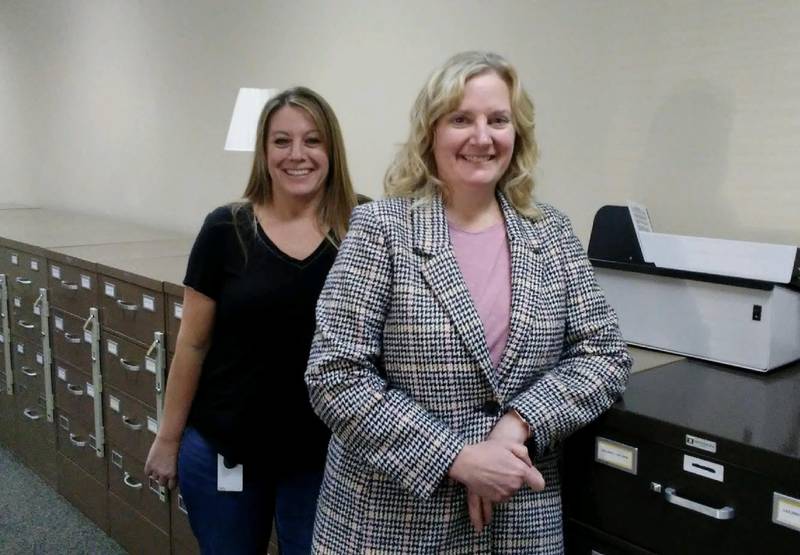 Kendall Count Clerk Debbie Gillette, right, and Director of Elections Natalie Hisaw keep voters registration in padlocked file cabinets. (Mark Foster - mfoster@shawmedia.com)