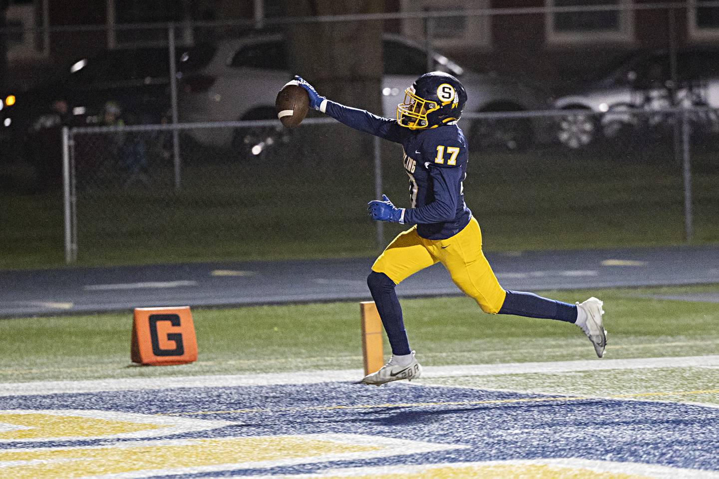 Sterling’s Kaedon Phillips scores a TD for the Warriors against Quincy Friday, Oct.6, 2023 in Sterling.