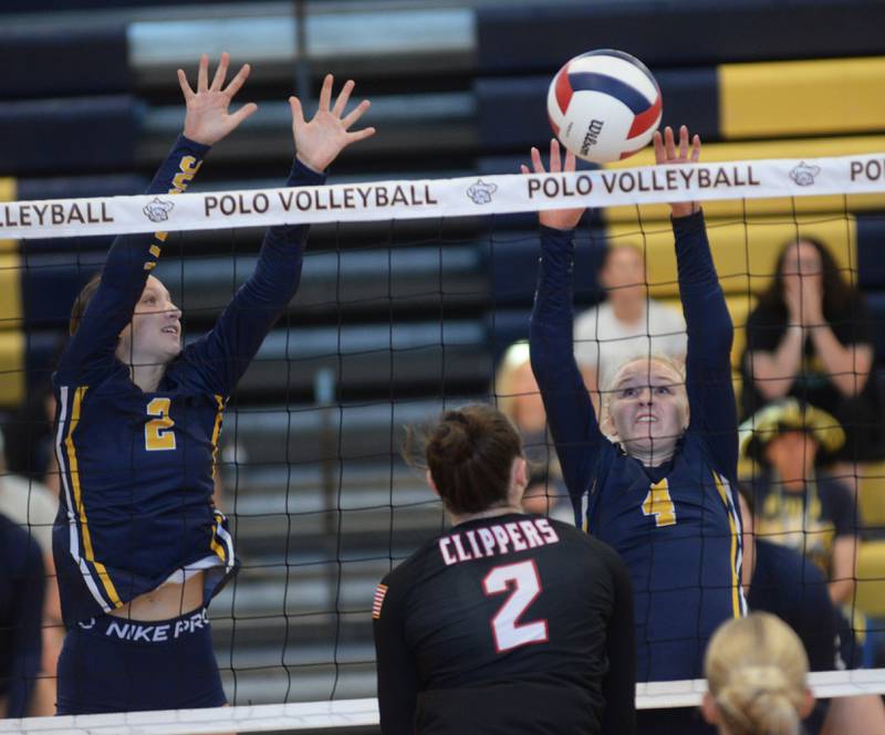 Polo's Laynie Mandrell (2) and Camrynn Jones (4) go up to block Amboy's Kiera Karlson (2) at the Polo Invite on Saturday, Sept. 27, 2025.