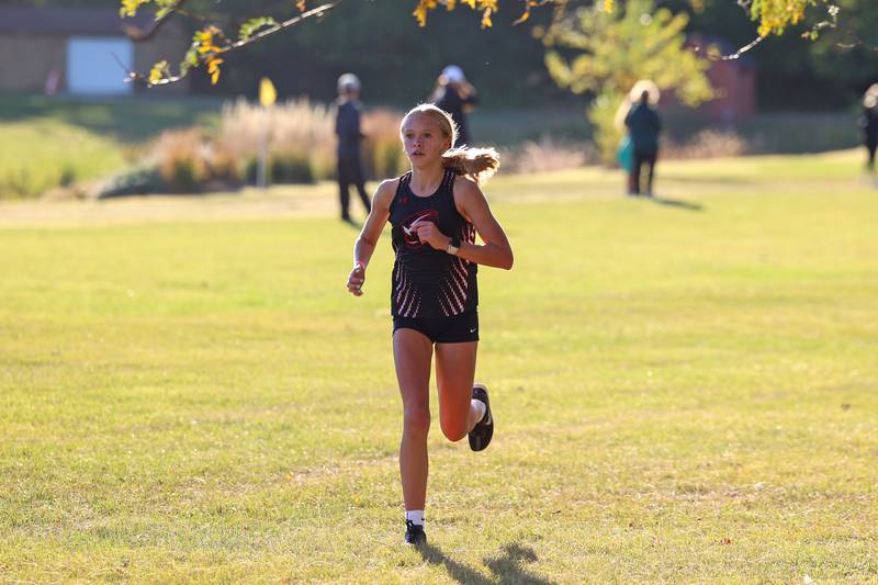Bradley-Bourbonnais' Grace Johnson nears the finish line in the girls 3-mile race during All-Area Cross Country meet on Wednesday, Oct. 8, 2025, at Kankakee Community College.