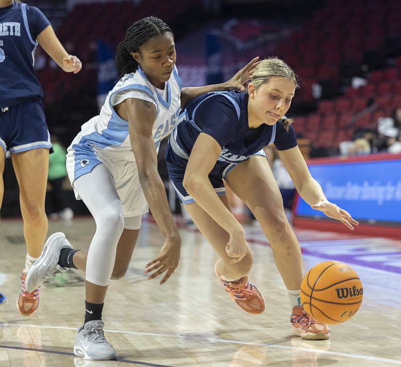 Nazareth’s Stella Sakalas and Belleville East’s Amiyah Young work the floor Friday, March 6, 2026, in the Class 4A girls state semifinal game at CEFCU Arena at ISU.