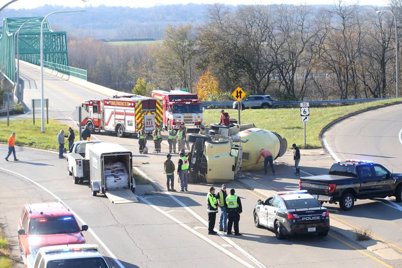 Emergency crews responded Wednesday, Nov. 15, 2023, to an overturned cement truck on Route 251 near the U.S. 6 interchange in Peru.