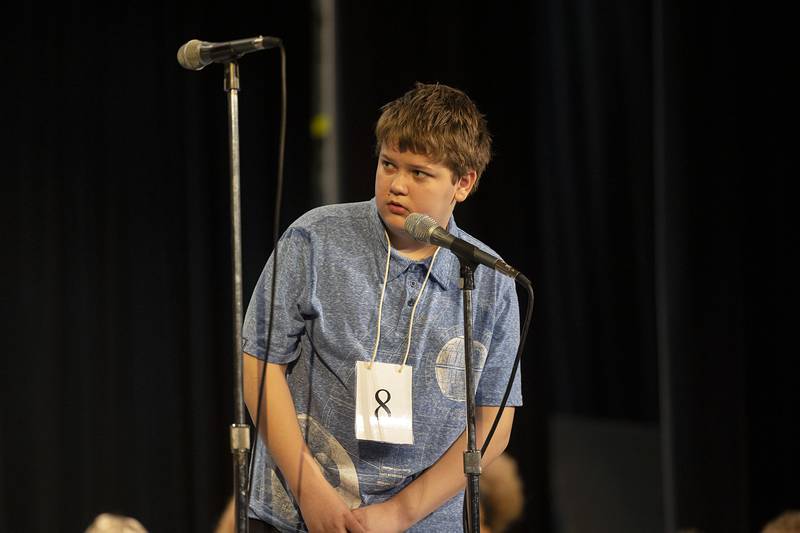 Steward Elementary eighth grader Derek Swartz appears on stage Thursday, March 9, 2023 during the Lee-Ogle-Whiteside Regional Spelling Bee.