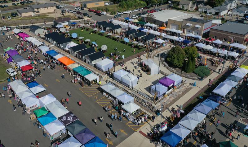 An aerial view of Market on Mill during the 55th annual Burgoo Festival on Sunday, Oct. 12, 2025 in Utica.