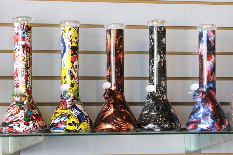 Some of the smoking apparatuses available at Aroma's Hookah Bar in DeKalb as of June 2021.