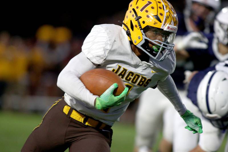Jacobs’ T.O. Boddie sprints in for a touchdown in varsity football on Friday, Sept. 20, 2024, at Al Bohrer Field on the campus of Cary-Grove High School in Cary.